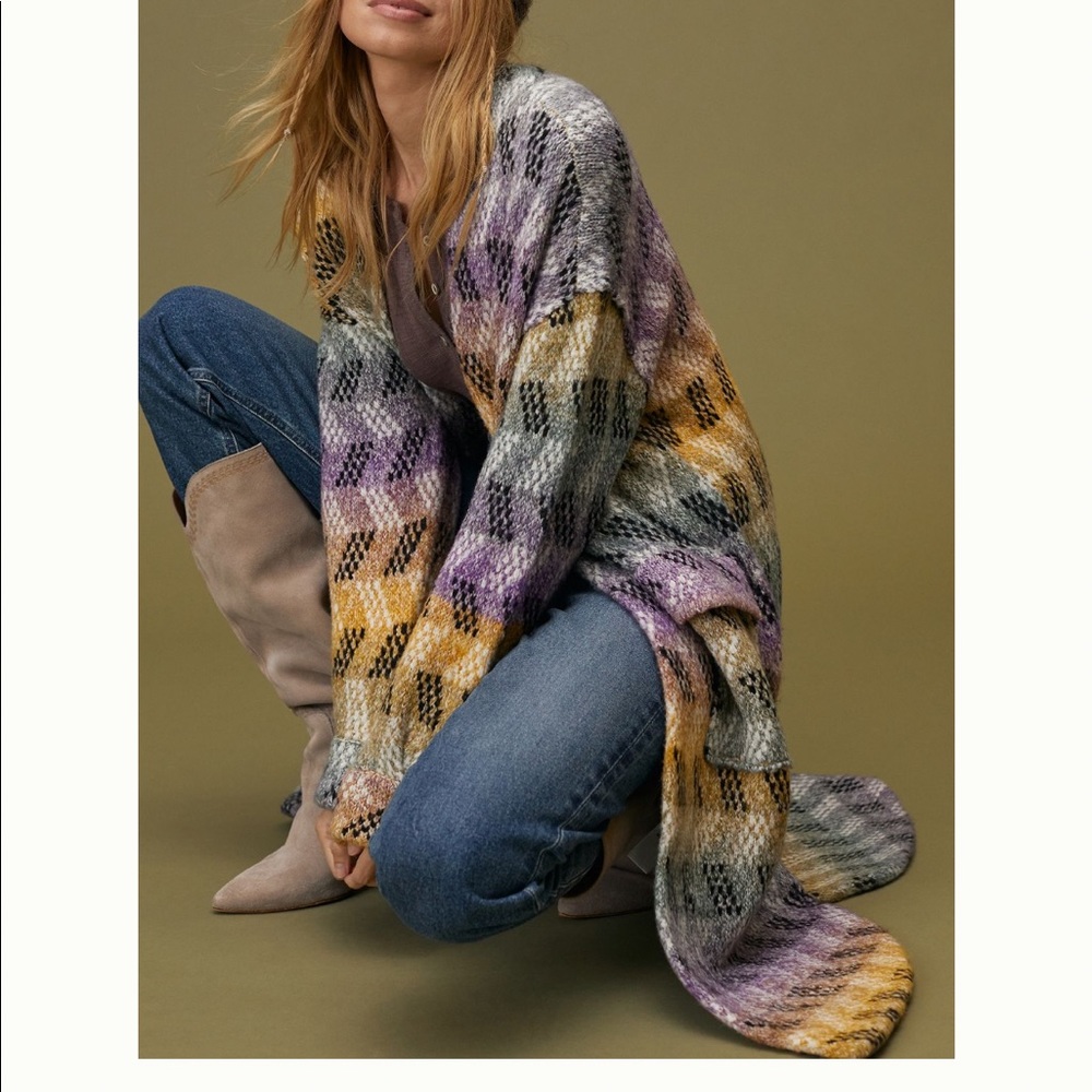Anthropologie long sweater. Pilcro. Multi colored. Size S. Front flap pockets.